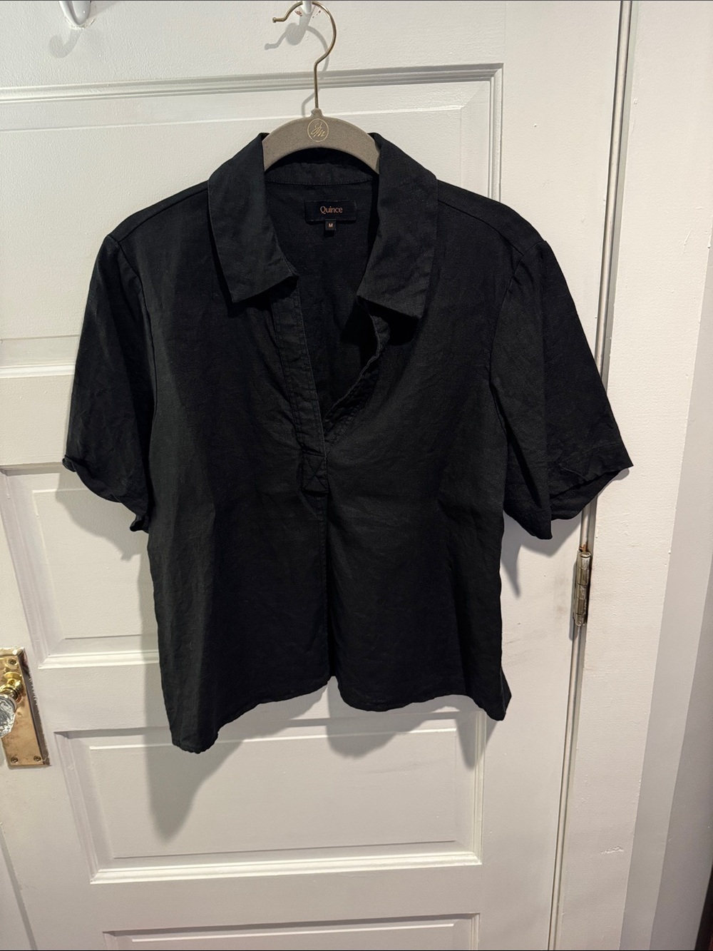 Quince Black Short-Sleeve Collared Linen Top